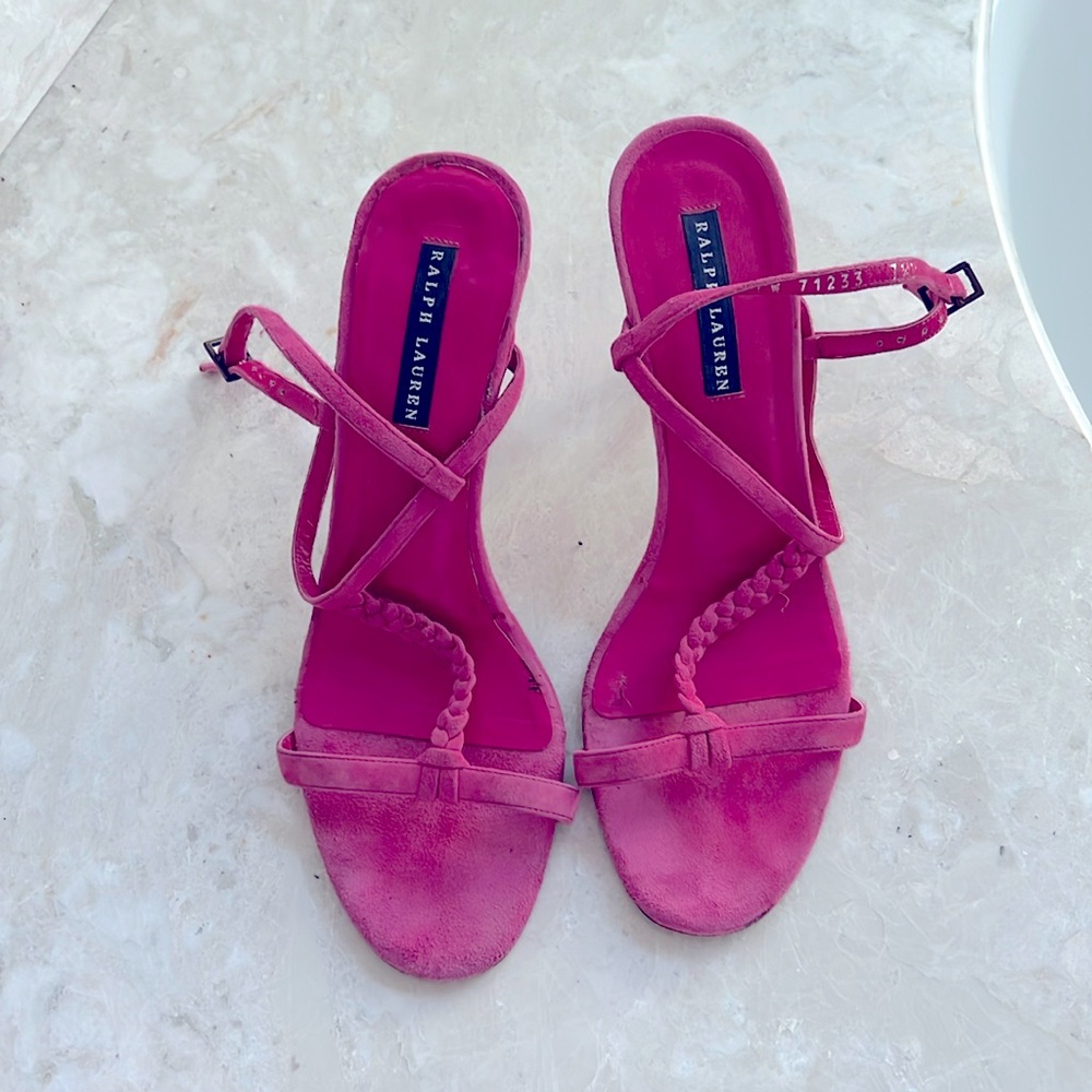 VINTAGE RALPH LAUREN SANDALS with 3 “ HEELS, HOT PINK SUEDE Size 7.5 B